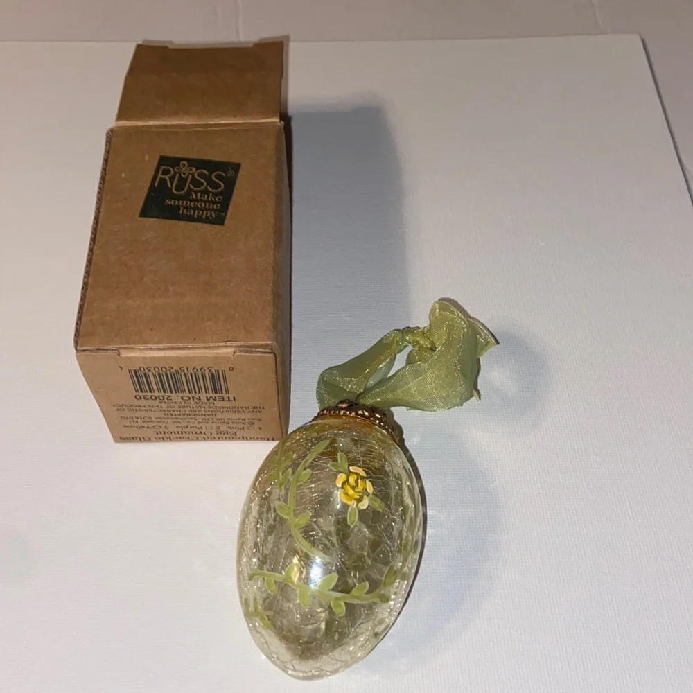 Russ Hand Painted Crackle Glass Yellow rose egg ornament with box.